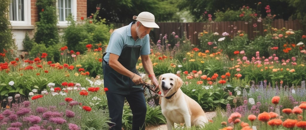 gardener with dog deadheading flower