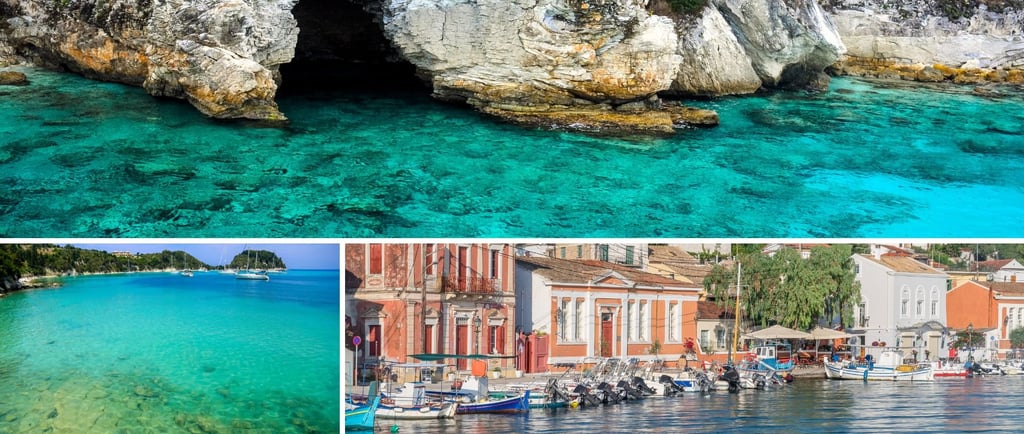 Passeio de barco pelas Grutas Azuis e pela ilha de Paxos, com destaque para as formações rochosas.