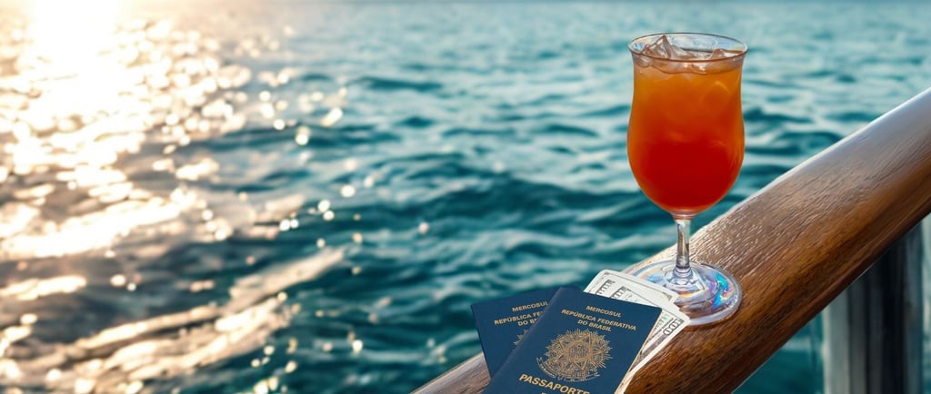 Drink colorido ao lado de passaportes sobre a barra da varanda de um navio, com o mar ao fundo.