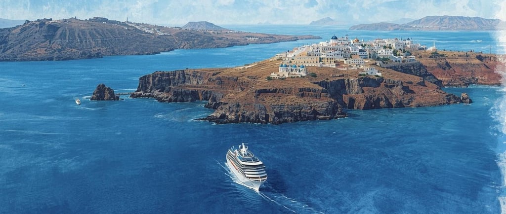 Vista panorâmica do Mar Egeu com ilhas gregas e um navio de cruzeiro navegando entre elas.