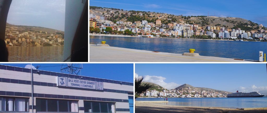 Montagem com registros da chegada do navio, vista panorâmica de Sarandë e detalhes do porto albanês.
