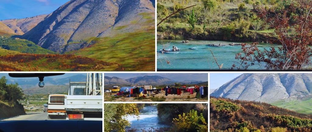 Montagem com seis imagens que ilustram o trajeto entre Sarandë e o Blue Eye: estradas cênicas.