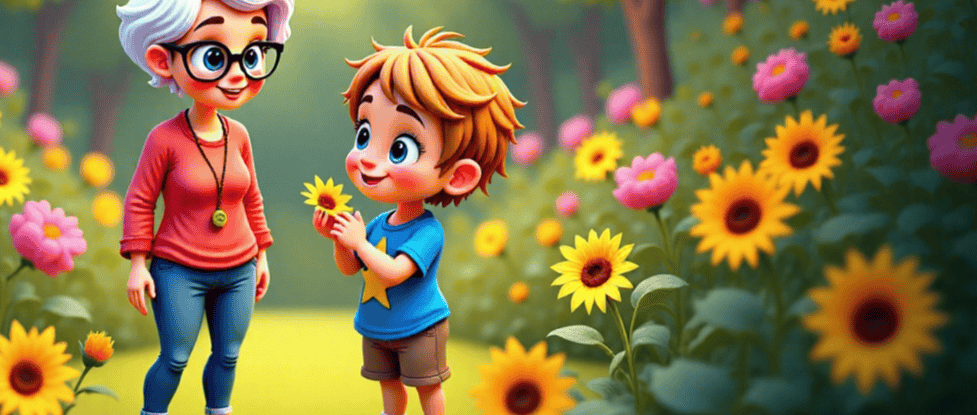 Alvey and Nanny in the garden looking at flowers and bees