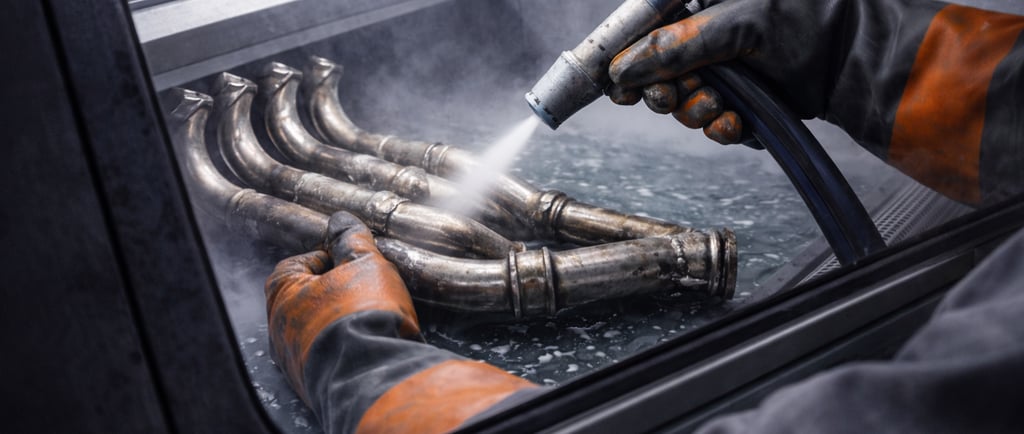 Nettoyage d’un collecteur d’échappement moto dans une cabine de vapor blasting, avec projection humide et gants intégrés.