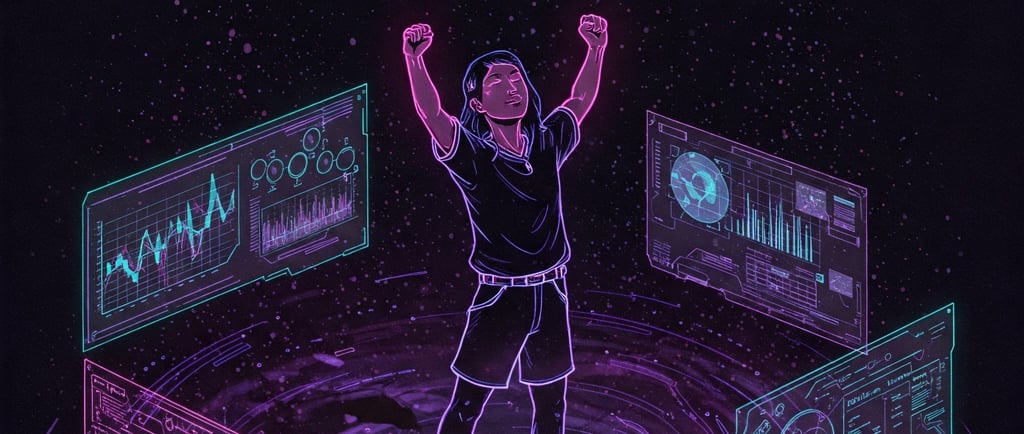 Imagen futurista de alguien con los brazos en alto celebrando un gran acierto.