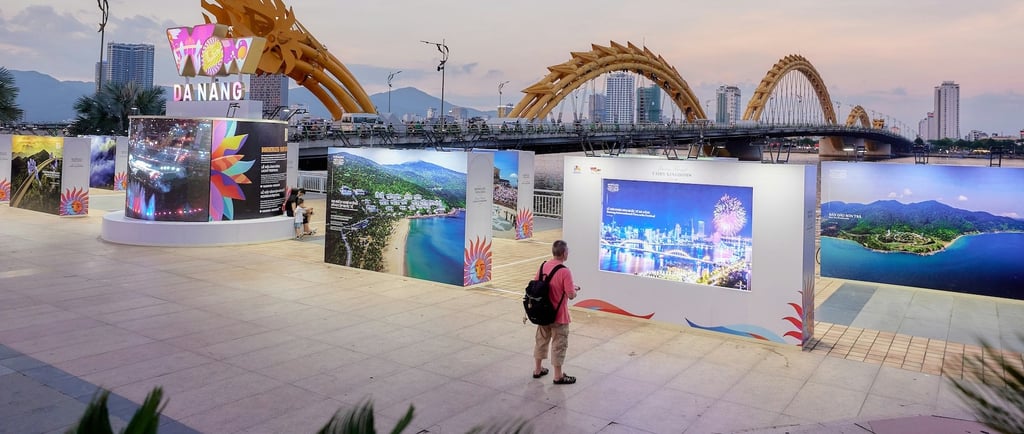 Traveller in Da Nang, Vietnam near the Han River and Dragon Bridge