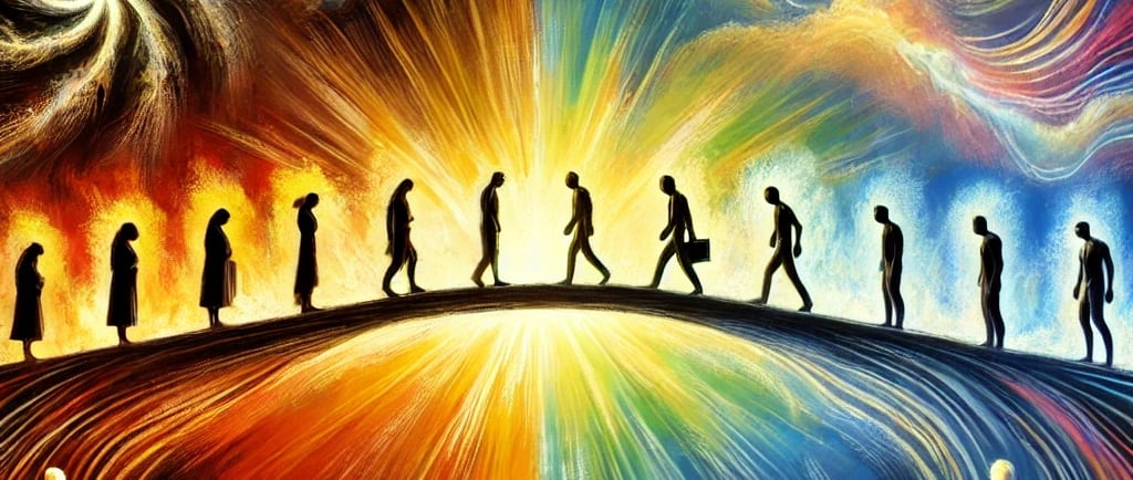 a group of people walking across a bridge