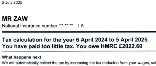 Tax calculation letter from HMRC