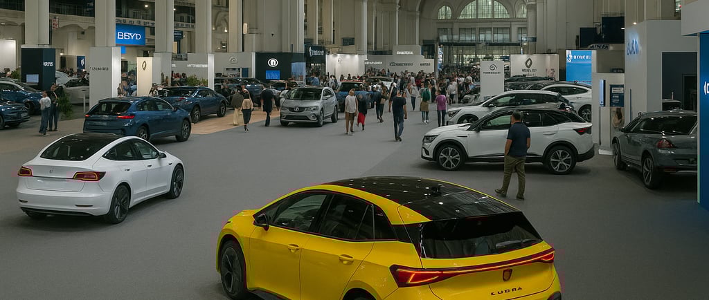 Exposición de vehículos eléctricos en el Automobile Barcelona 2025, en el recinto Fira Montjuïc