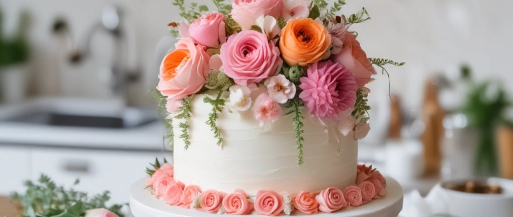 white cake decorated with orange and pink flowers
