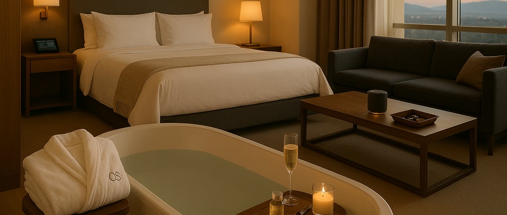 A luxurious hotel suite a freestanding bathtub, plush bedding, smart room controls, and a breathtaking city view