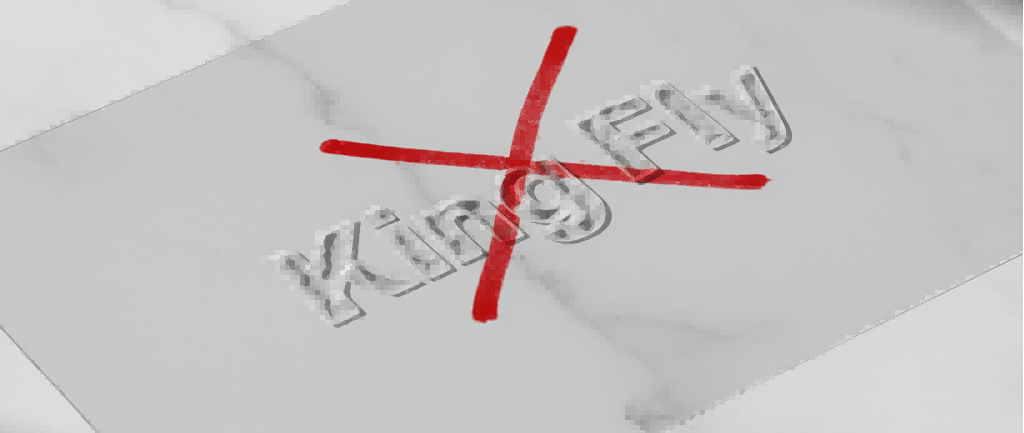 A clear PVC material swatch with a flawed embossed LOGO, marked with a red 'X'.