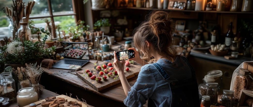 a woman taking a photo of a dessert