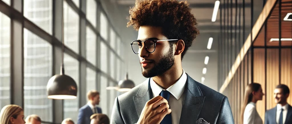 a man in a suit and tie is standing in a room