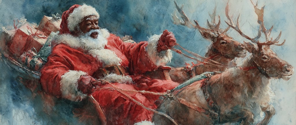 Watercolor painting of Black Santa Claus joyfully steering his sleigh, filled with gifts