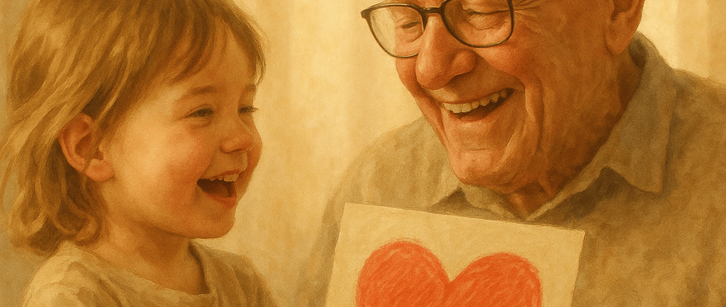 Emotionen verschenken, ein Bild indem ein kleines Kind dem Opa ein Bild mit einem gemalten Herz übergibt in sanften Farben