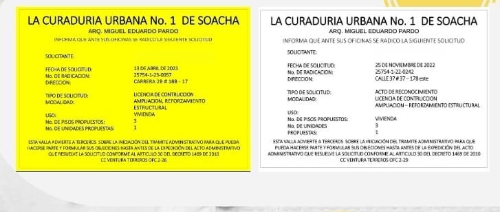 vallas para licencias de construcción, valla amarilla, valla blanca