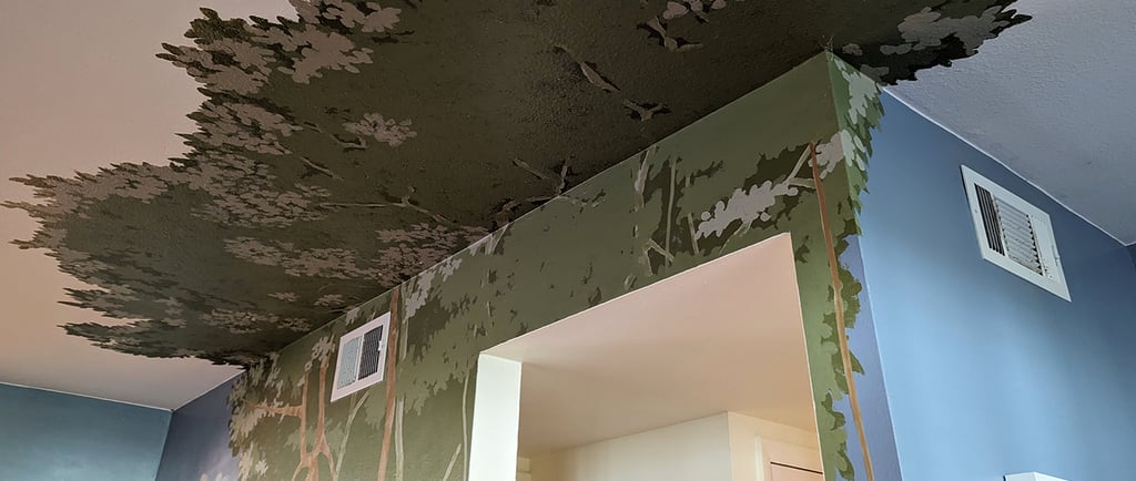 Ceiling and wall mural of a mangrove tree around a hallway entrance.