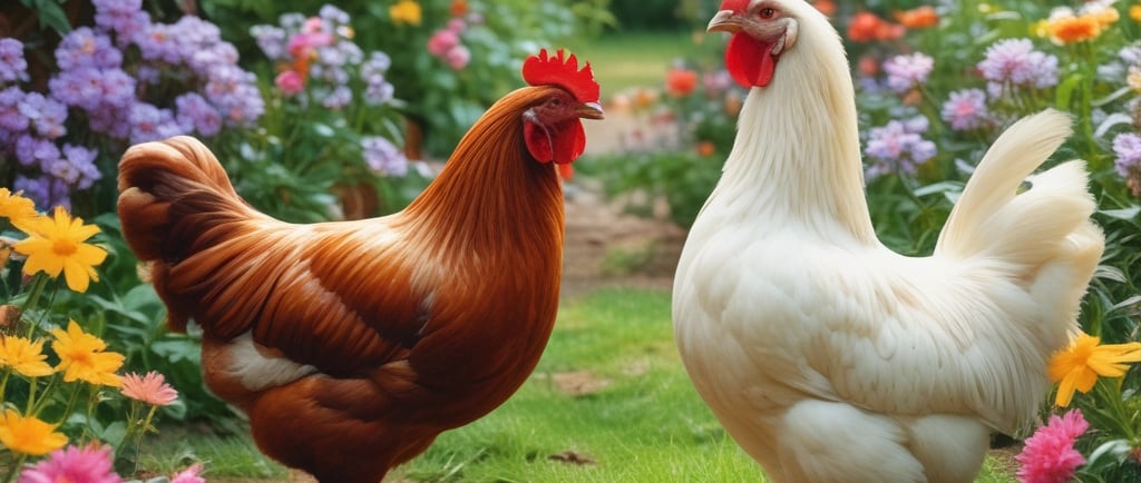 brown and white chickens in chicken friendly garden