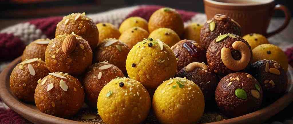 Assortment of healthy Indian winter laddus (like Gond, Dry Fruit, or Aata Laddu) displayed in a cozy setting, symbolizing war