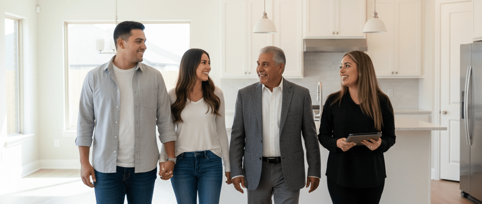 a group of people walking through a home