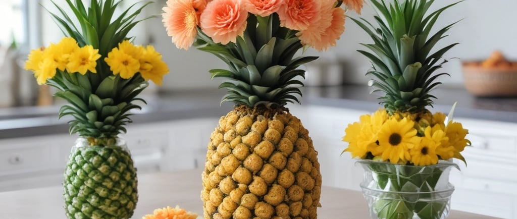 displays of flowers and pineapple flowers on kitchen table