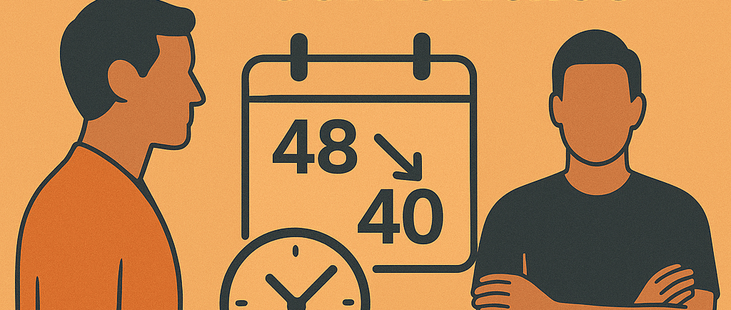 empleados y un reloj de tiempo, indicando que la jornada laboral se reduce de 48 a 40 horas semanale