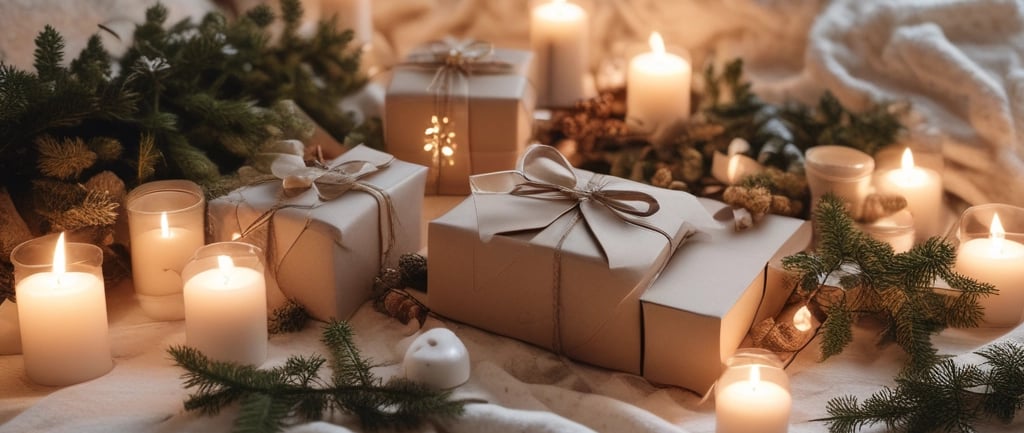 Non-toxic holiday gifts styled on a bed with candles and evergreen branches — cozy, festive, Clean A