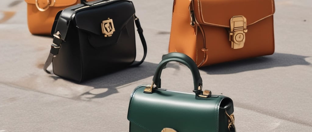 A beautifully arranged flat lay of luxury handbags and accessories on a soft cream background.