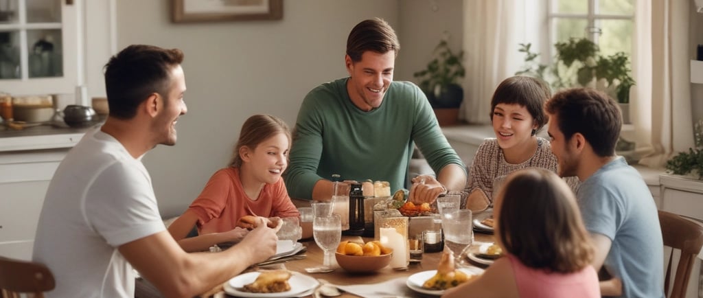 happy family at table chatting while eating