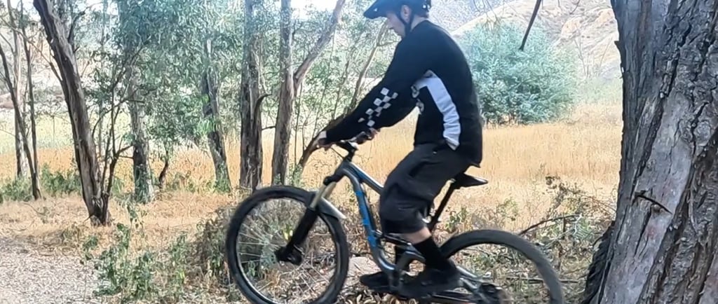 mountain biker approaching small ledge preparing for wheelie drop technique