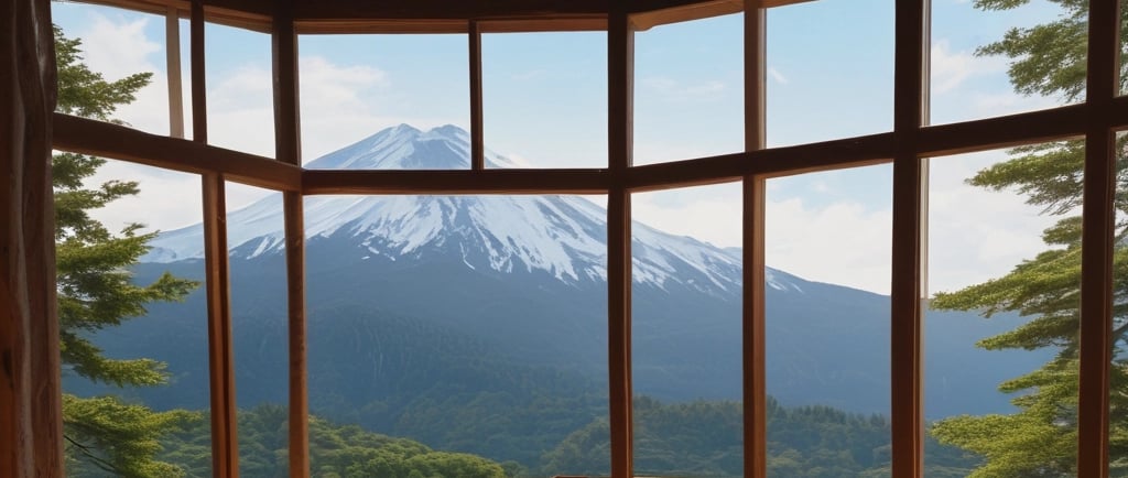 a living room with a view of a mountain