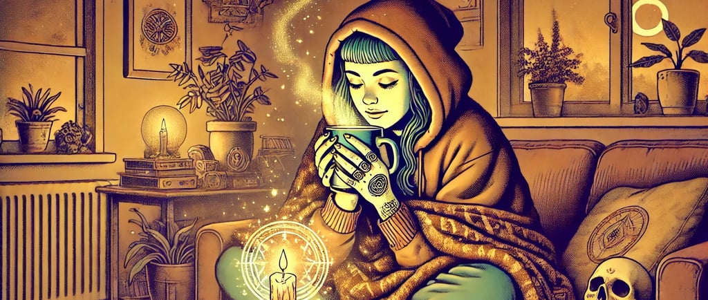 a woman sitting on a couch with a skull head and a skull head