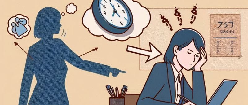 a woman sitting at a desk with a laptop and a clock
