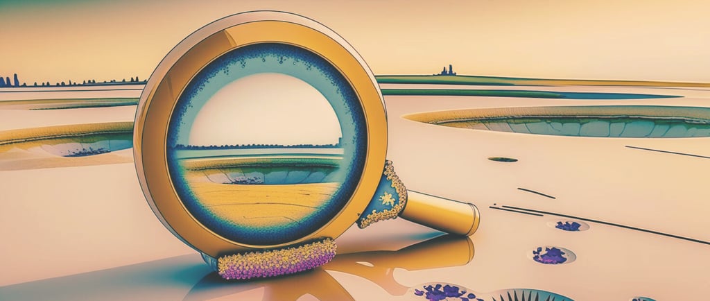 A magnifying glass in a surreal landscape