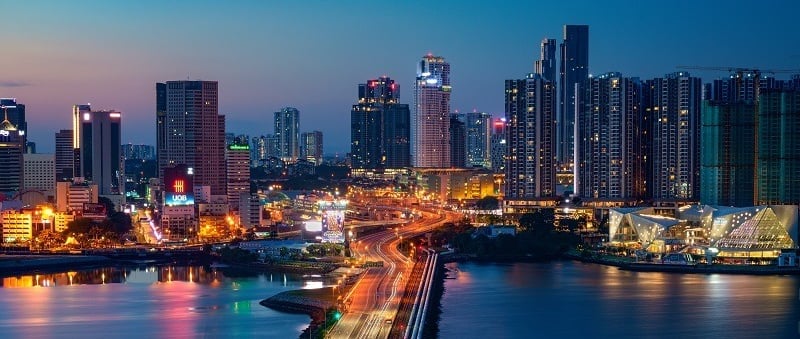 Evening skyline of Johor Bahru city showing urban lifestyle and lights