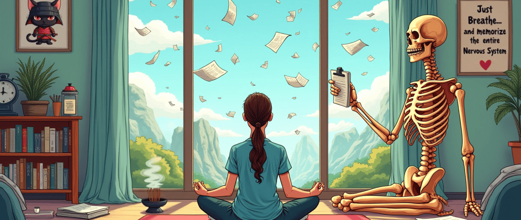 cartoon image of a medical student practising yoga