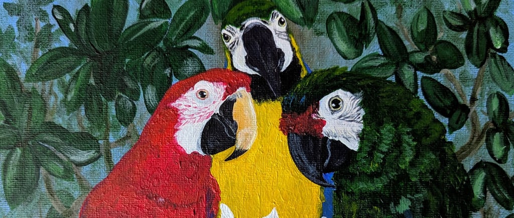 Three macaws in a magnolia tree small acrylic pet portraiture painting.