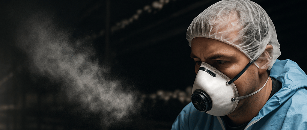 mushroom working wearing a mask to protect from spores
