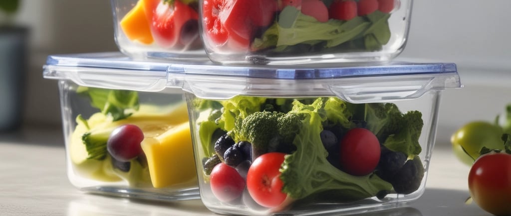 Glass food storage containers on a kitchen counter with vegetables, tidy and budget-friendly.