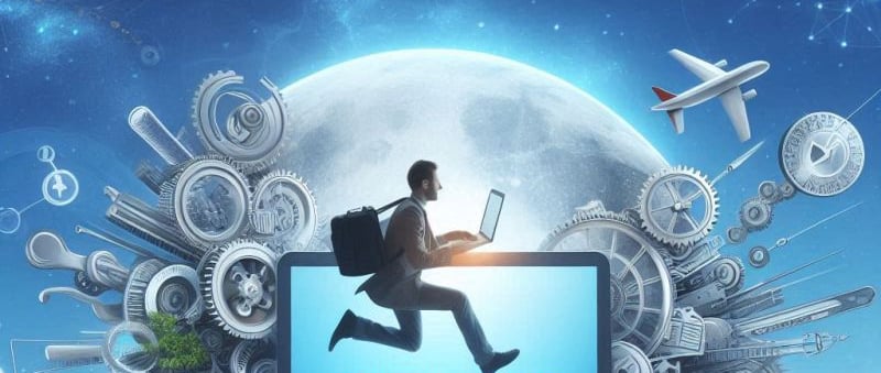 a man running on a laptop computer with a laptop and a backpack
