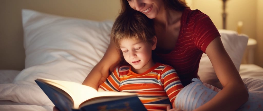 a woman reading a book while her son is reading a book