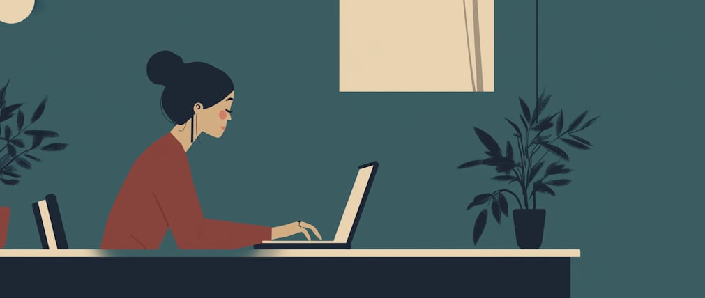 Woman sat at a desk with laptop illustration