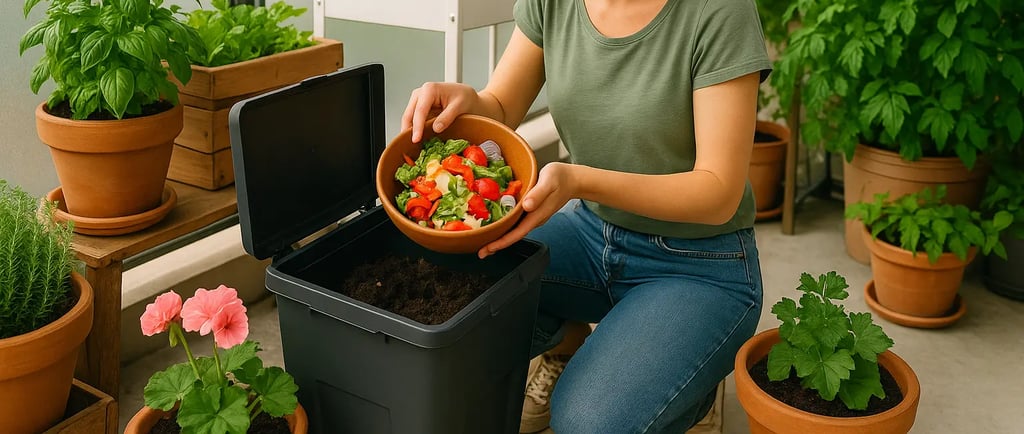 composteur sur un balcon entouré de plantes en pots, illustrant le compostage urbain.