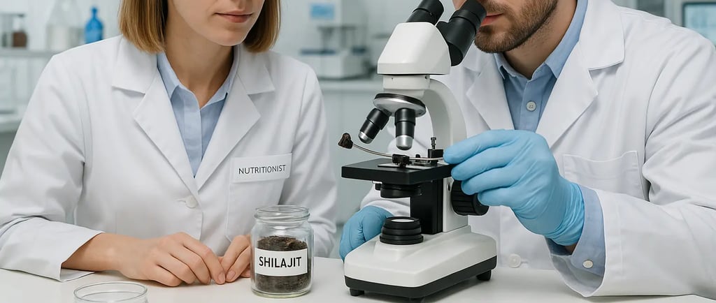 a man and woman in lab coats looking at a microscope for shilajit testing