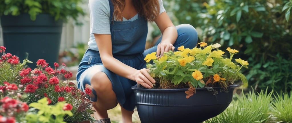 woman caring for flowers in a pot in garden