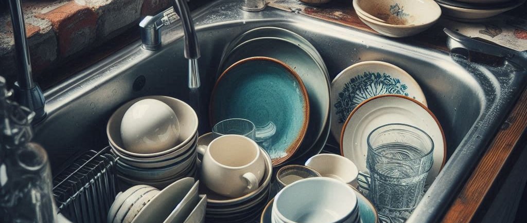 Dirty dishes in sink signifying the overwhelm a woman feels from basic daily tasks in menopause
