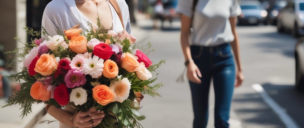 woman holding a beautiful bouquet of flowers in LA street
