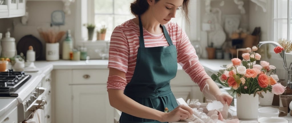 making plaster dipped flowers in the kitchen