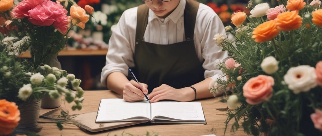florist woman sat down writing in notebook